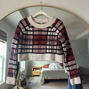 Altar'd State Plaid Crew Neck Sweater - Red and Pink